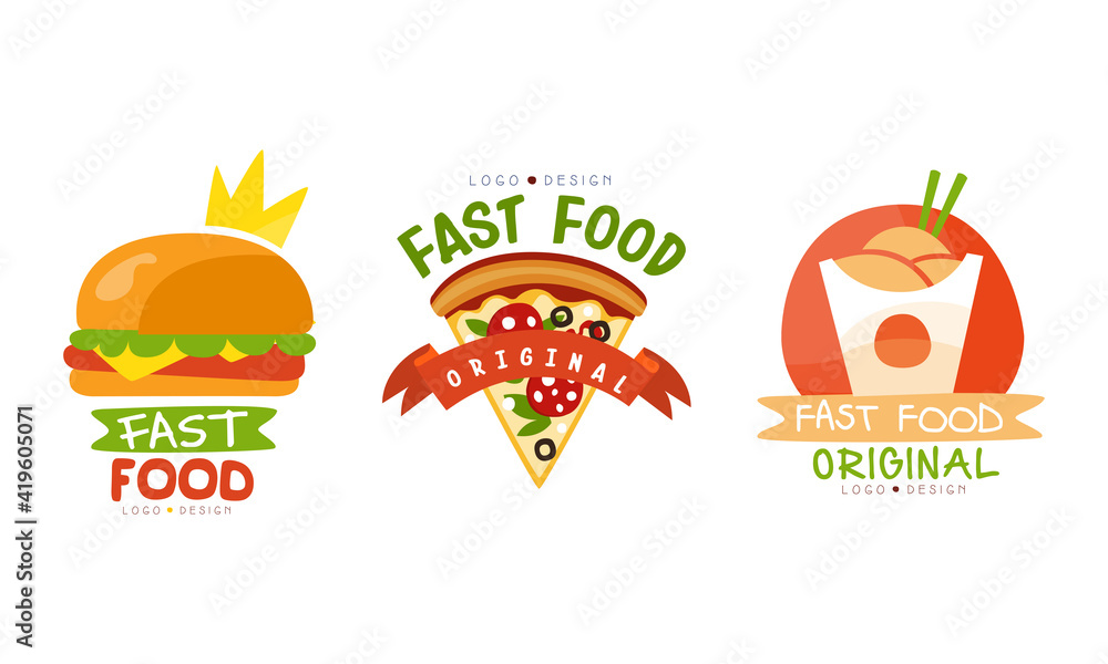 Fast Food Logo Original Design Set, Burger, Pizza, Noodles Cartoon Vector Illustration vector de Stock | Adobe Stock Fast Food Logo Original Design Set, Burger, Pizza, Noodles Cartoon Vector Illustration vector de Stock | Adobe Stock