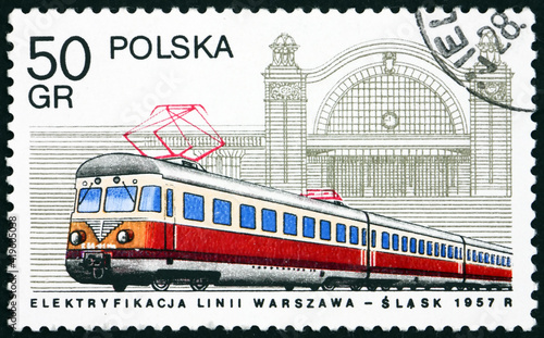 Obraz na płótnie Postage stamp Poland 1978 electric locomotive and Katowice stati w salonie