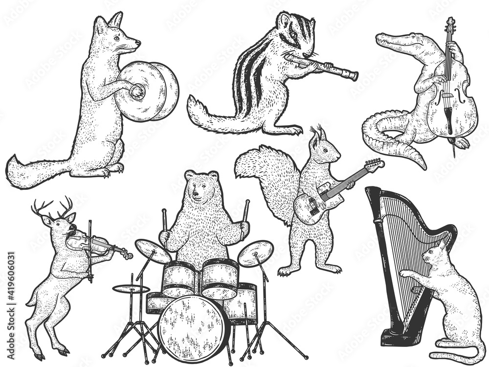 Animals playing musical instruments set, musician animals cartoon characters.  Sketch scratch board imitation. Stock Vector | Adobe Stock