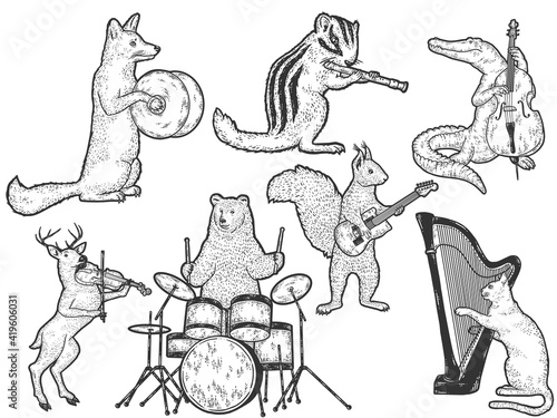 Animals playing musical instruments set  musician animals cartoon characters. Sketch scratch board imitation.