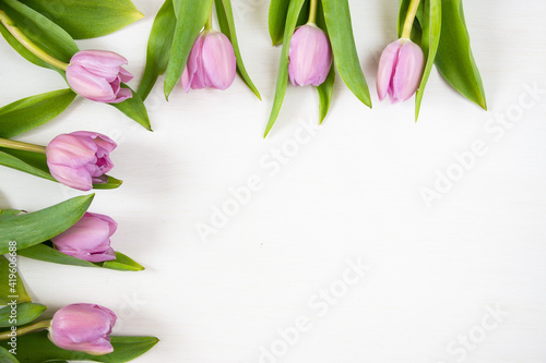 Fototapeta Naklejka Na Ścianę i Meble -  Tulips on a white background. Festive floral concept with clean text space. Flat lay. View from above.