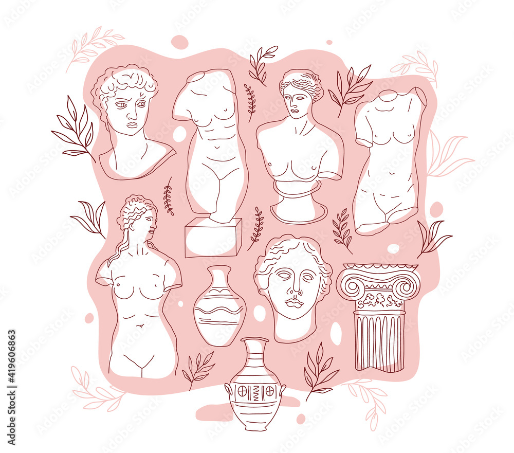 Ancient Greece and Rome set tradition and culture vector illustration. The linear trend of the ancient poster, Ancient Greece and Ancient Rome. Vector design on pink.