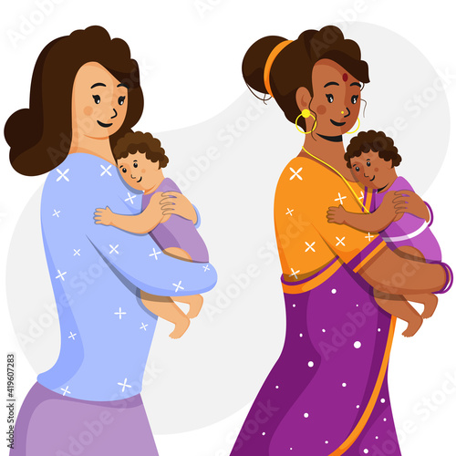 Character Of Young Woman Hugging Her Baby In Two Options.