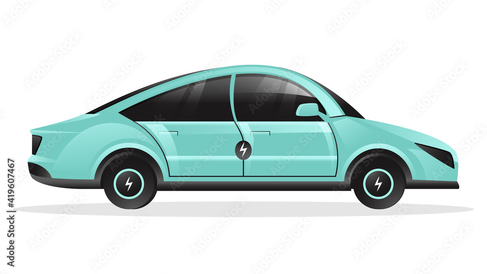 3D Rendering Electric Car In Cyan And Black Color.