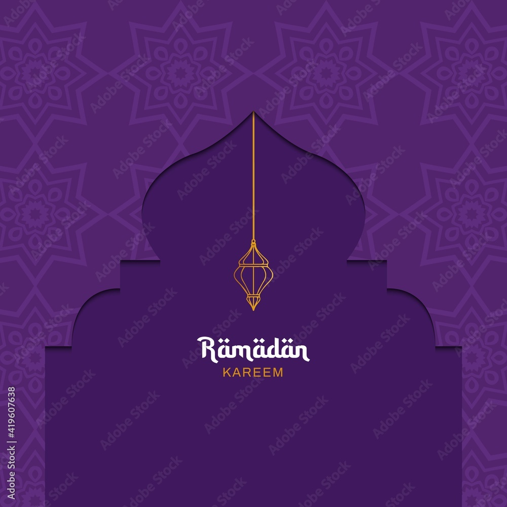 Ramadan Kareem concept with purple color and islamic lanterns ornament. Vector illustration. Place for text.