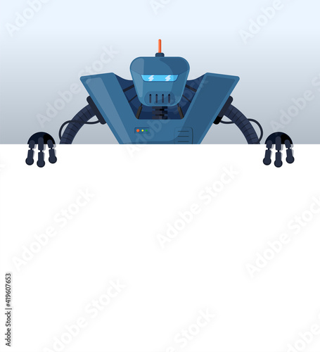 Cartoon robot stand behind blank poster space for text. Blue retro cyborg character holding empty white board for presentation. Robotic information banner mockup interface design vector illustration