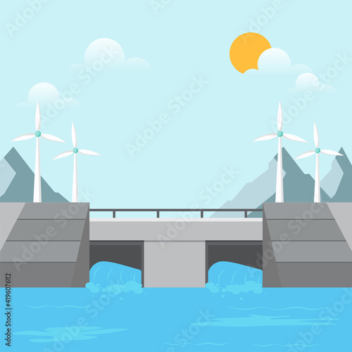 Water Rushing Through Gates At Dam With Windmill, Mountain And Sun On Blue Background For Hydroelectric Power Station.