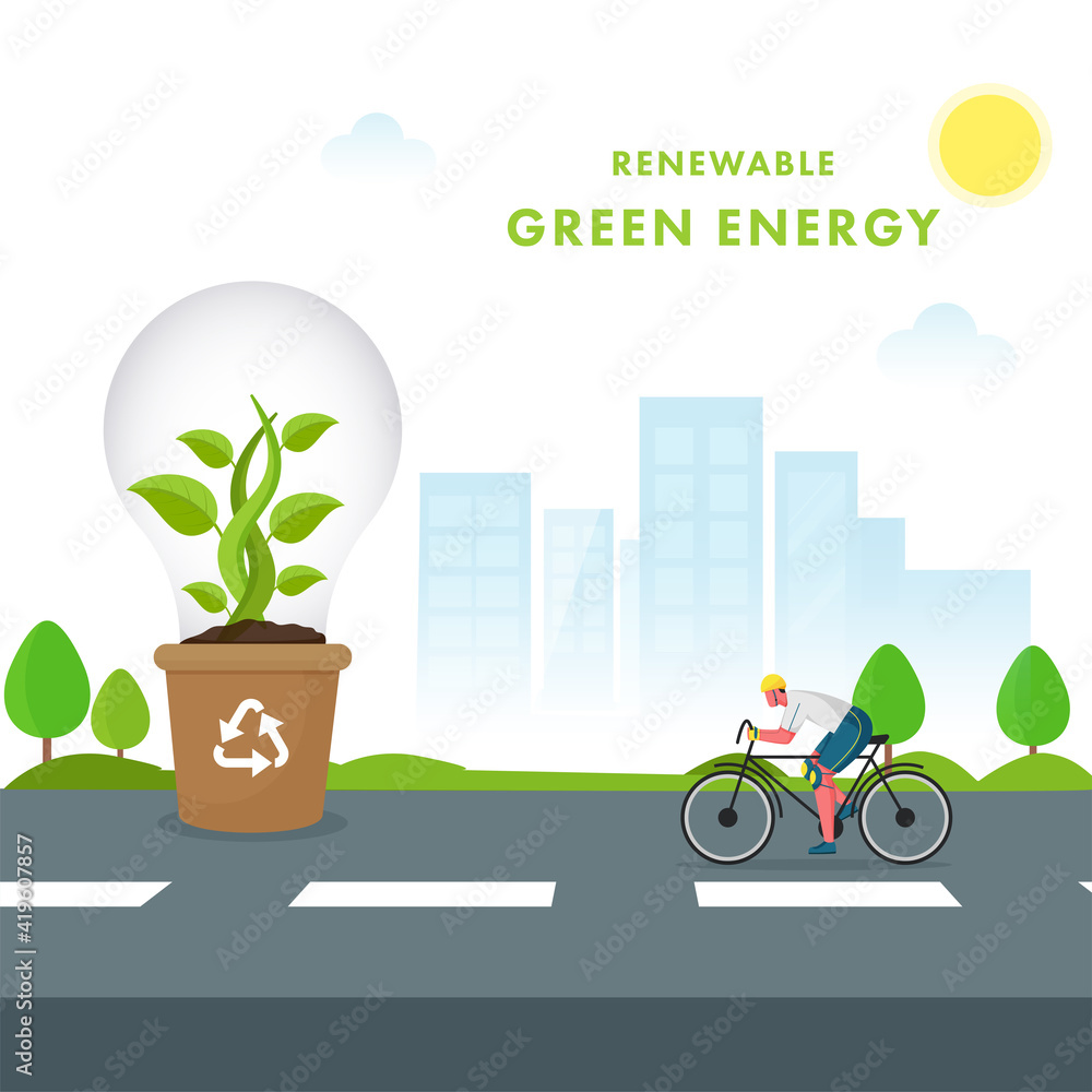 Renewable & Green Energy Concept With Man Riding Bicycle And Bulb ...