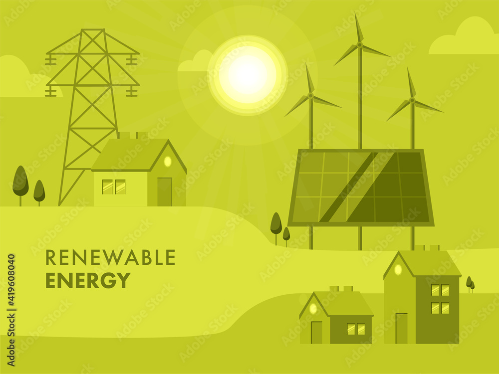 Renewable Energy Concept With House, Solar Panel, Windmills And Transmission Tower On Green Sunshine Background.