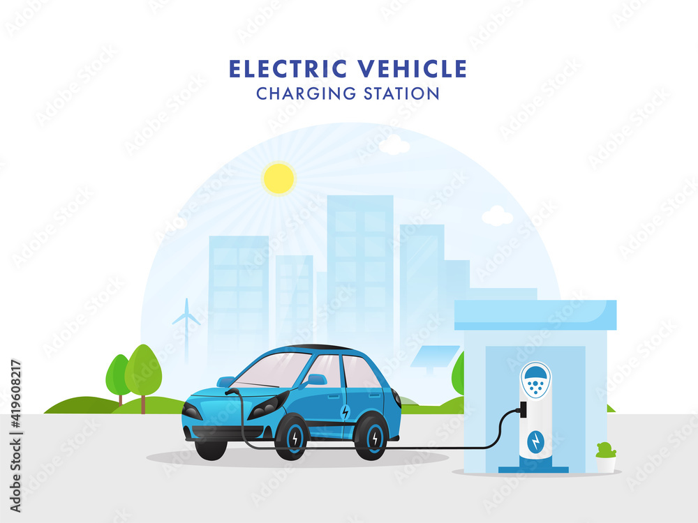 3D Illustration Of Electric Vehicle Charging Station With A Car On City View Background.