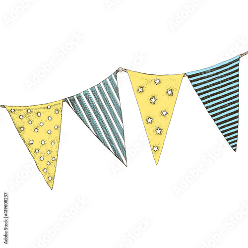 Colorful party flags isolated on white background