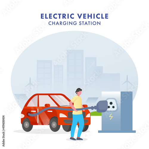 Electromobility Or Renewable Energy Concept, Illustration Of Cartoon Man Charging Electric Car At Power Station On Silhouette Buildings Background.