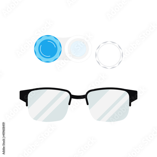 Contact lenses with case and eye glasses icon set isolated on white background. Flat cartoon style diopter contact lenses in case and eyeglasses with plastic frame vector illustration.