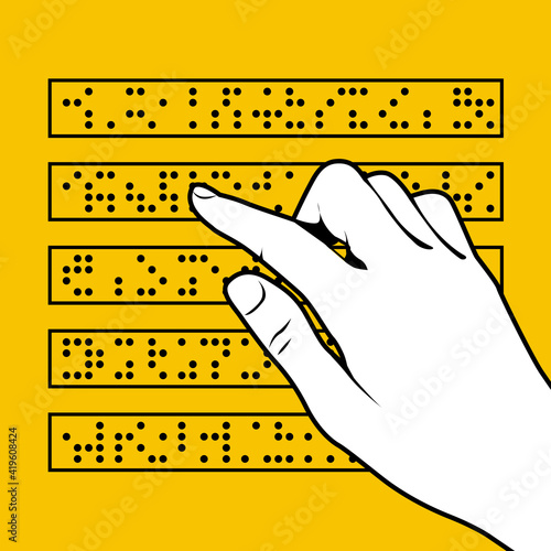 Braille font inscription, reading book by finger, blind people font, hand and braille text, vector