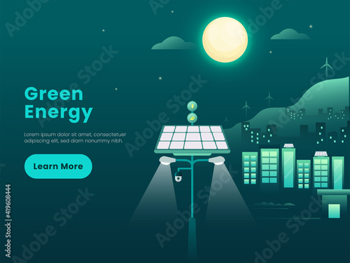 Green Energy Concept Based Poster Design With Illustration Of Buildings, Solar Panels, Windmills On Full Moon Background.