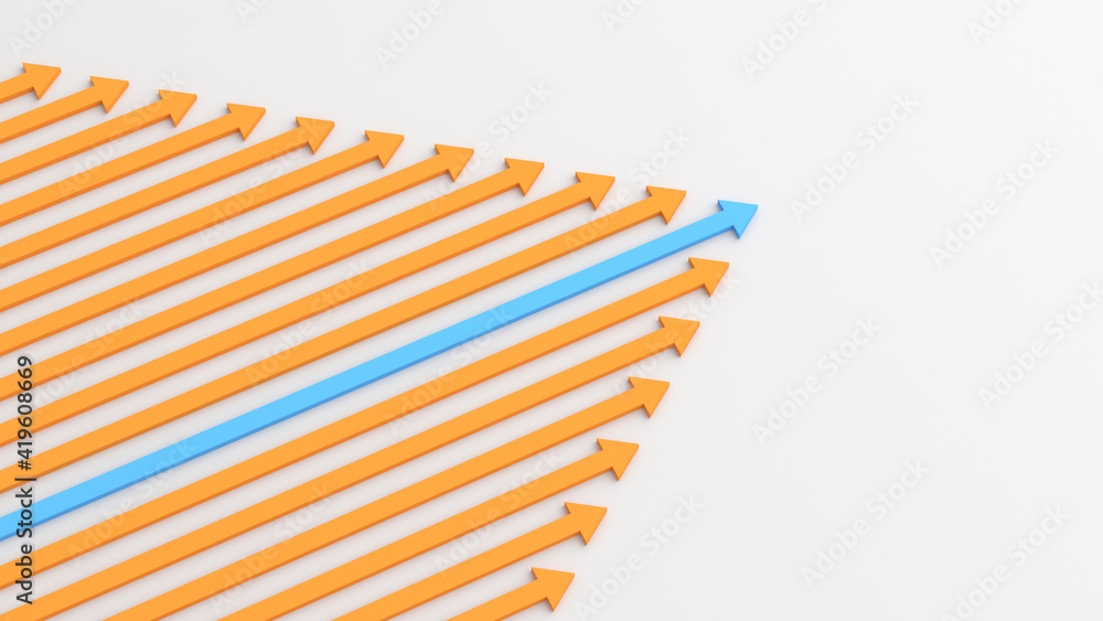 Obraz premium Leadership concept, blue leader arrow leading orange arrows, on white background. 3D Rendering