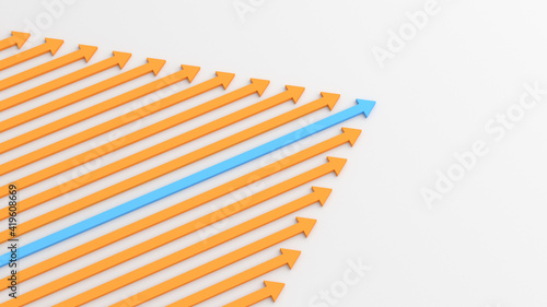 Leadership concept, blue leader arrow leading orange arrows, on white background. 3D Rendering