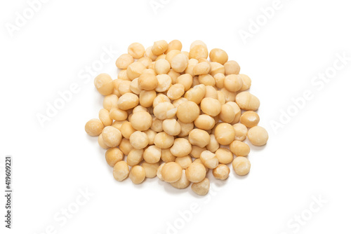 Macadamia nuts isolated on white background.