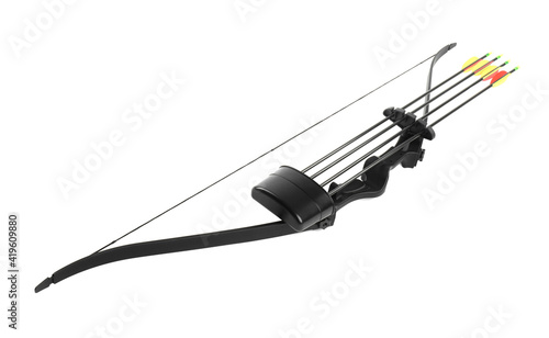 Black bow and plastic arrows on white background. Archery sports equipment