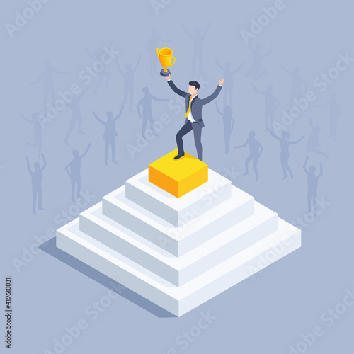 isometric vector illustration on a gray background, a man in a business suit with a cup stands on the top of the pyramid, achieving success