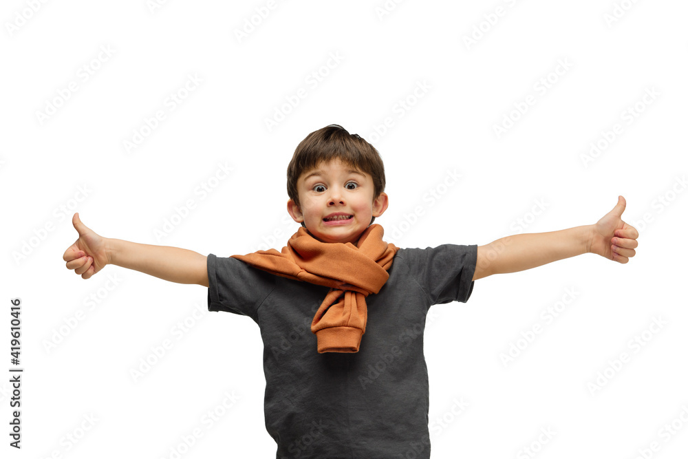 Thumbs up. Happy, smiley little caucasian boy isolated on white studio background with copyspace for ad. Looks happy, cheerful. Childhood, education, human emotions, facial expression concept. Thumbs up. Happy, smiley little caucasian boy isolated on white studio background with copyspace for ad. Looks happy, cheerful. Childhood, education, human emotions, facial expression concept.