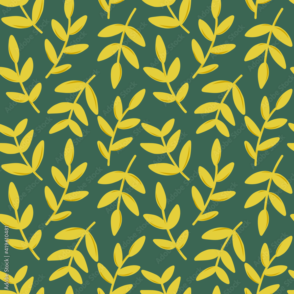 Vector yellow leaves on green background seamless pattern. Botanical print in trendy colors. Floral ornament for textile, fabric, wallpaper, wrapping paper, design and decoration. Vector yellow leaves on green background seamless pattern. Botanical print in trendy colors. Floral ornament for textile, fabric, wallpaper, wrapping paper, design and decoration.