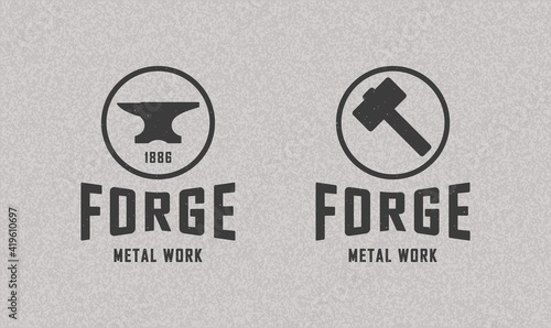 Set of color illustrations of anvil, hammer, circle on a background with a grunge texture. Vector illustration in vintage style for emblem, label, print, symbol. Advertising Forge. Metal works.