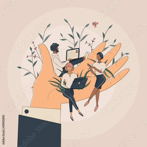 Tiny office workers sitting on huge hand. Concept of good comfortable environment at work, favorable psychological climate,high pay and freedom of creativity for employees. Vector flat illustration