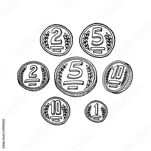 set of metal coins, money, symbol of wealth, numismatic hobby, vector illustration with black ink contour lines isolated on a white background in a doodle and hand drawn style