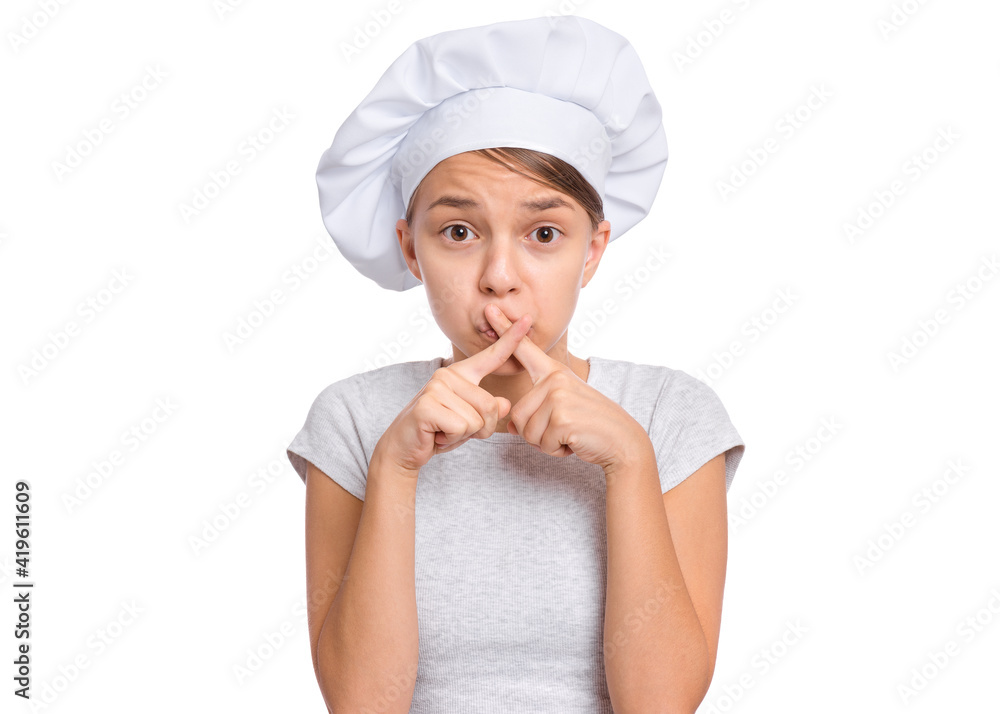Teen girl in chef hat with emotions showing signs with hands, isolated on a white background. Teen girl in chef hat with emotions showing signs with hands, isolated on a white background.