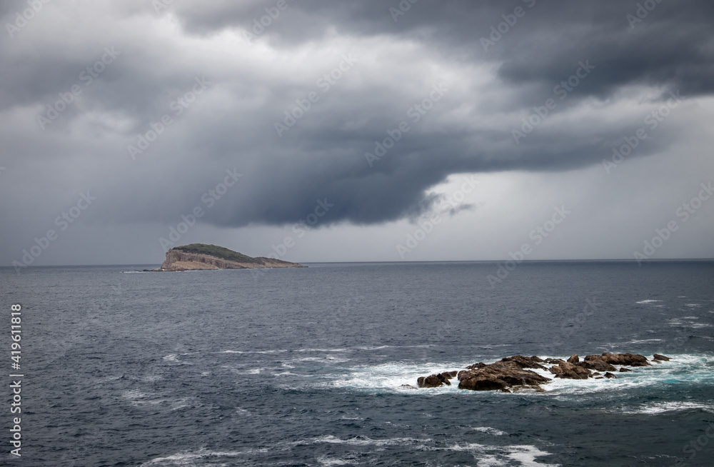 Sea of Cavtat before a thunderstorm. Clouds in Dubrovnik. Resorts of Croatia