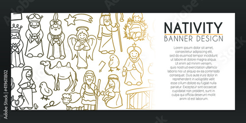 Nativity Scene Banner Doodle. True Story Christianity Background Hand drawn. Religion Icons illustration. Vector Horizontal Design.