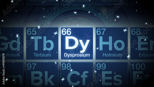 Close up of the Dysprosium symbol in the periodic table, tech space environment.