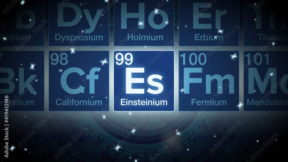 Close up of the Einsteinium symbol in the periodic table, tech space environment.