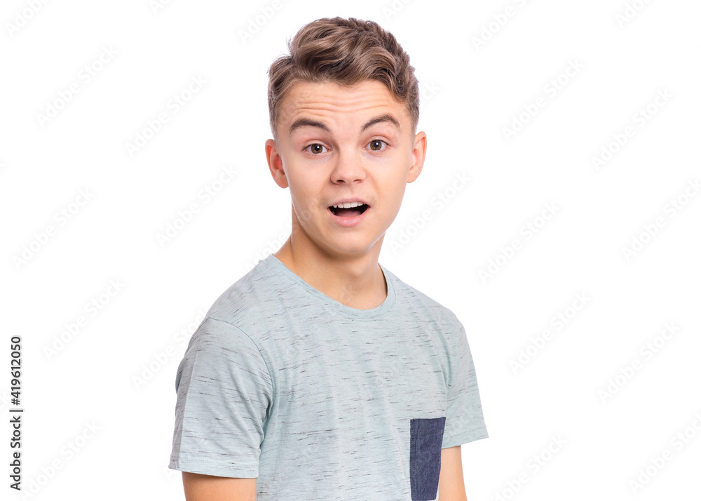 Emotional portrait of scared boy teenager, isolated on white background Emotional portrait of scared boy teenager, isolated on white background