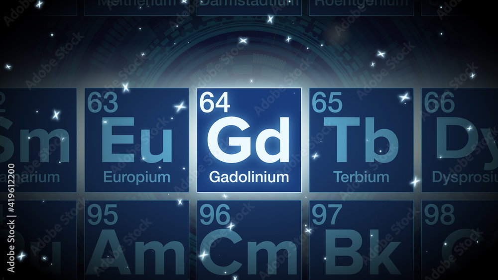 Close up of the Gadolinium symbol in the periodic table, tech space environment.
