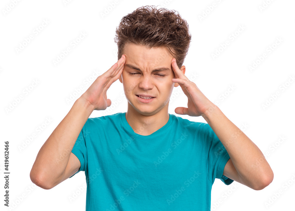 Handsome teen boy has a headache, isolated on white background Handsome teen boy has a headache, isolated on white background