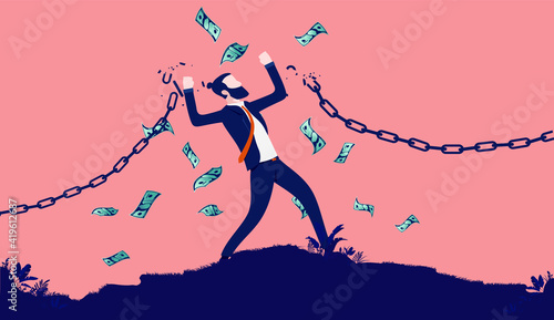 Financial freedom businessman - Man breaking chains to escape poverty and money raining from the sky. Rich, wealth and motivational concept. Vector illustration.
