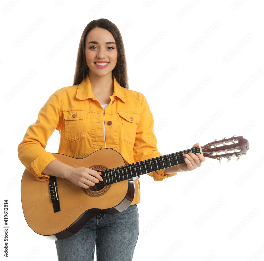 Music teacher playing guitar on white background Music teacher playing guitar on white background