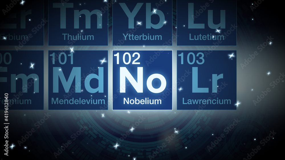 Close up of the Nobelium symbol in the periodic table, tech space environment. Close up of the Nobelium symbol in the periodic table, tech space environment.