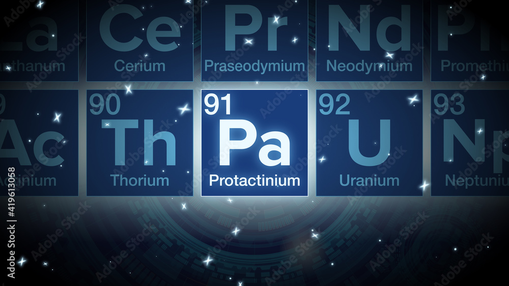Close up of the Protactinium symbol in the periodic table, tech space environment. Close up of the Protactinium symbol in the periodic table, tech space environment.