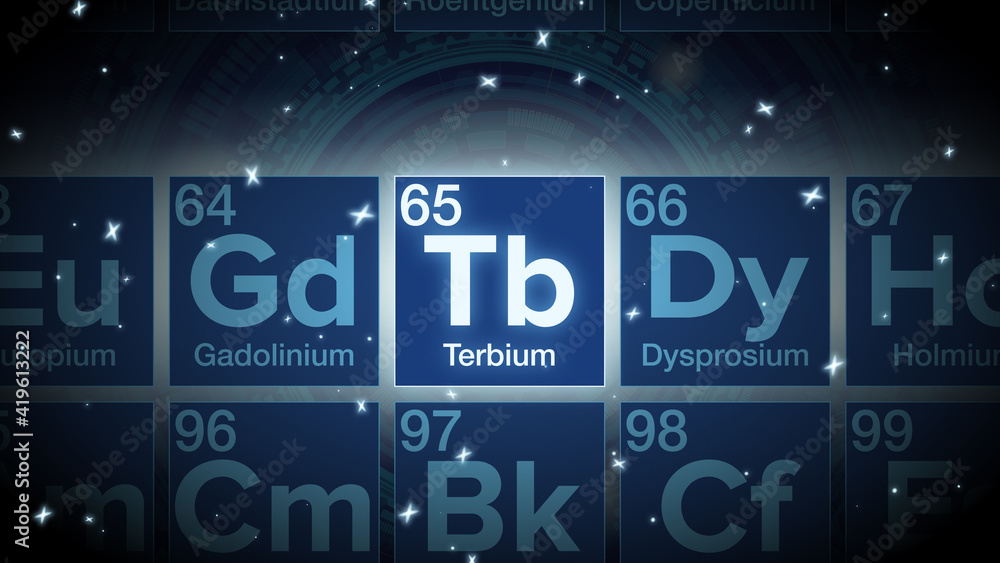 Close up of the Terbium symbol in the periodic table, tech space environment.