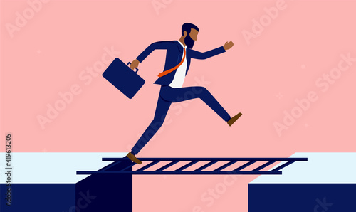 African American businessman conquering adversity - Man running on ladder over gap, solving business problem metaphor. Vector illustration.