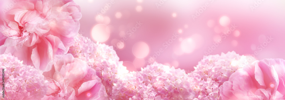 Illustration, banner with pink rose flowers and hydrangea on a pink background with bokeh effect.