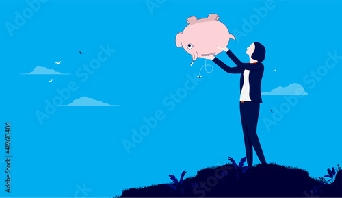 No budget business - Businesswoman holding empty piggy bank, looking for money. Poverty, broke and economic crisis concept. Vector illustration.