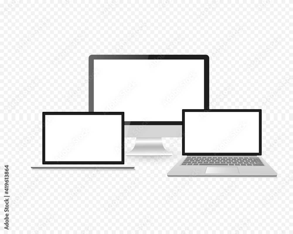 Responsive Screen device mockup. PC, laptop, screens. Realistic media gadgets with transparent screen for presentation. Vector illustration Responsive Screen device mockup. PC, laptop, screens. Realistic media gadgets with transparent screen for presentation. Vector illustration