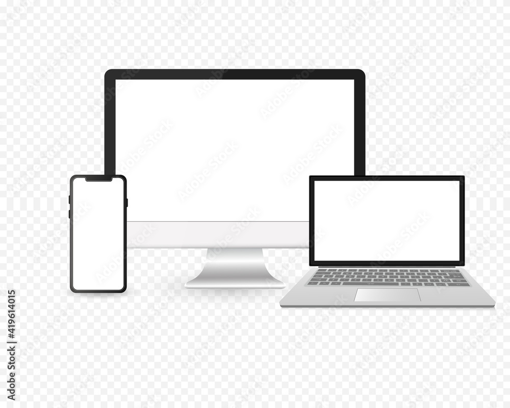 isometric Responsive Screen device mockup. PC, laptop, smartphone screens. Realistic media gadgets with transparent screen for presentation. Vector illustration isometric Responsive Screen device mockup. PC, laptop, smartphone screens. Realistic media gadgets with transparent screen for presentation. Vector illustration