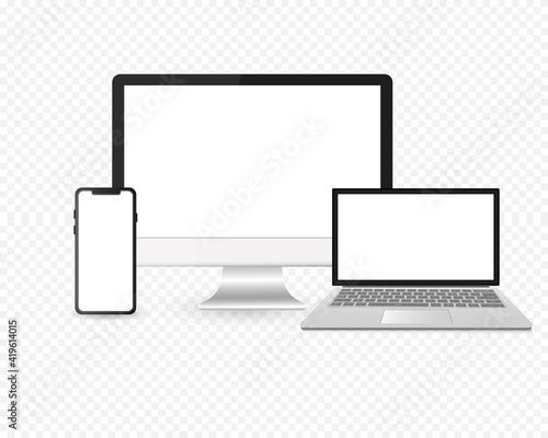 isometric Responsive Screen device mockup.  PC, laptop, smartphone screens. Realistic media gadgets with transparent screen for presentation. Vector illustration