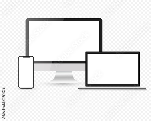 Responsive Screen device mockup.  PC, laptop, smartphone screens. Realistic media gadgets with transparent screen for presentation. Vector illustration