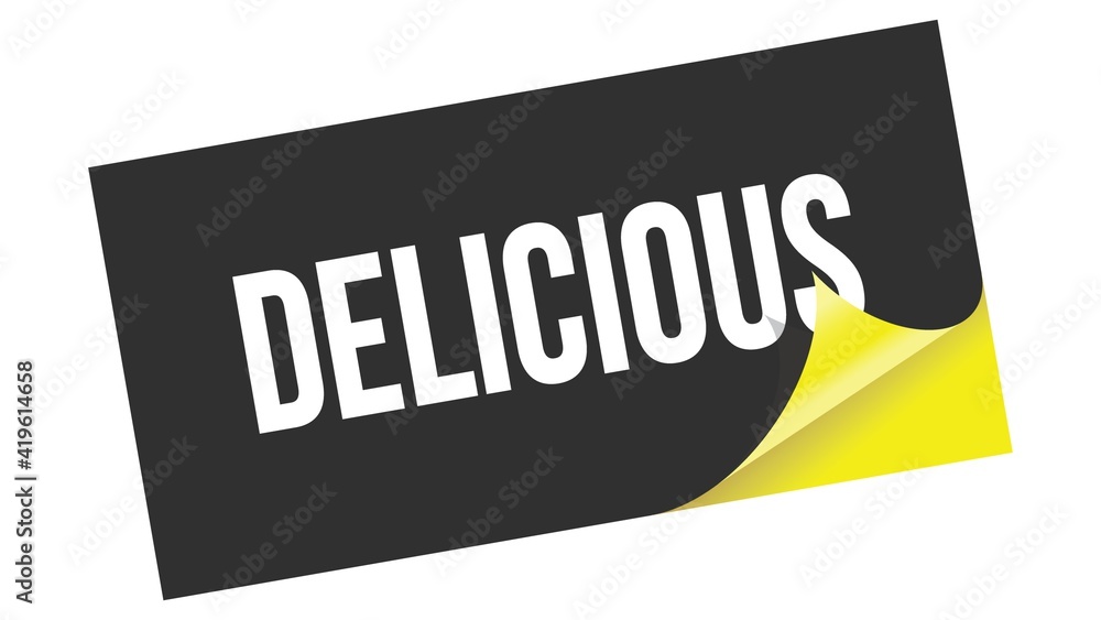 DELICIOUS text on black yellow sticker stamp. DELICIOUS text on black yellow sticker stamp.